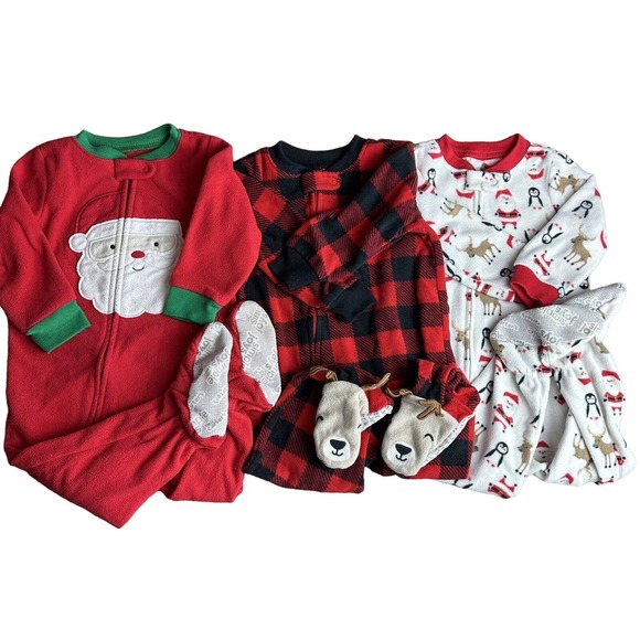 Lot of 3 - Carter's & Child of Mine Christmas Fleece Footed Pajamas - 12 Months - Picture 1 of 12